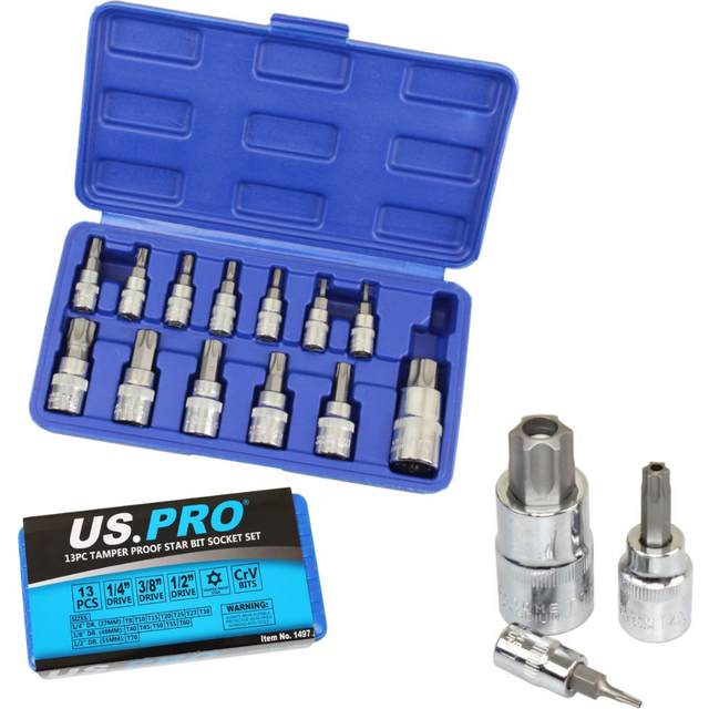 Us Pro 13pc Torx Star Bit Socket Set - Tamper Bit Sockets T8 - T70 1497