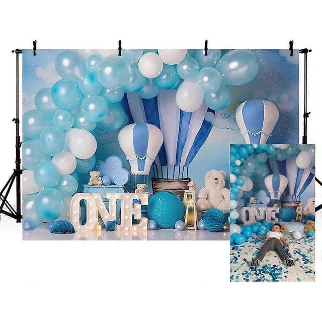 (As show, One size) 7x5ft Blue Boy 1st Birthday Photography Backdrops Hot Air Balloons Bear Baby Adventure Background Kids Party Decor Banner Newborn