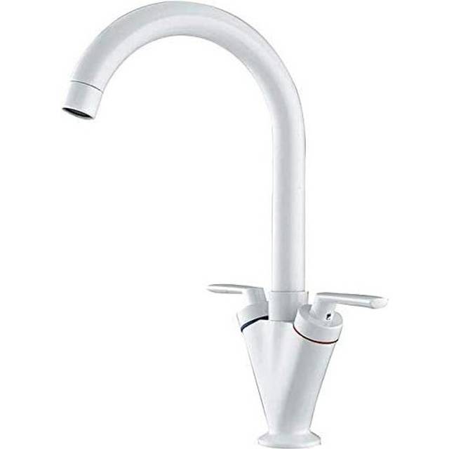 Xcel Home Swan Neck White Kitchen Sink Tap with Hoses Standard Fittings | Dual/Double Levers | Solid Brass | Deck Mounted 360 Degrees Swivel Spout