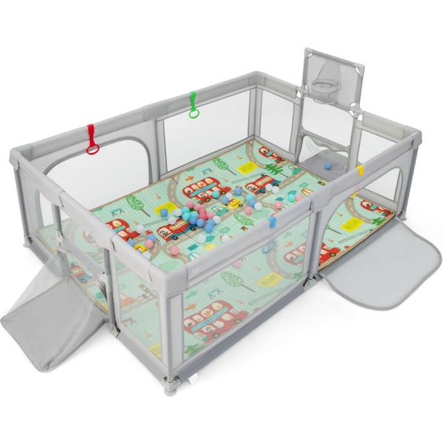 Large Baby Playpen Safe Play Yard w/ Basketball Hoop & Mat-Light Grey