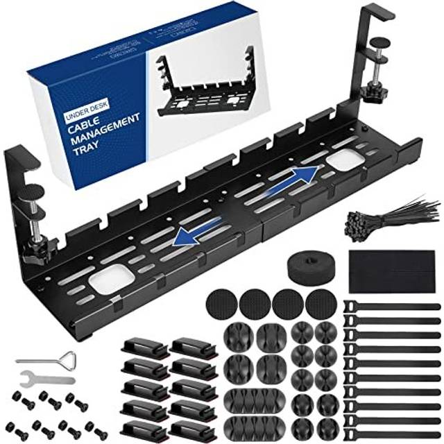 Retractable Cable Management Under Desk Tray, No Drill Under Desk Cable Management Kit 29-52CM, Stainless Steel Cable Management Tray, Complete