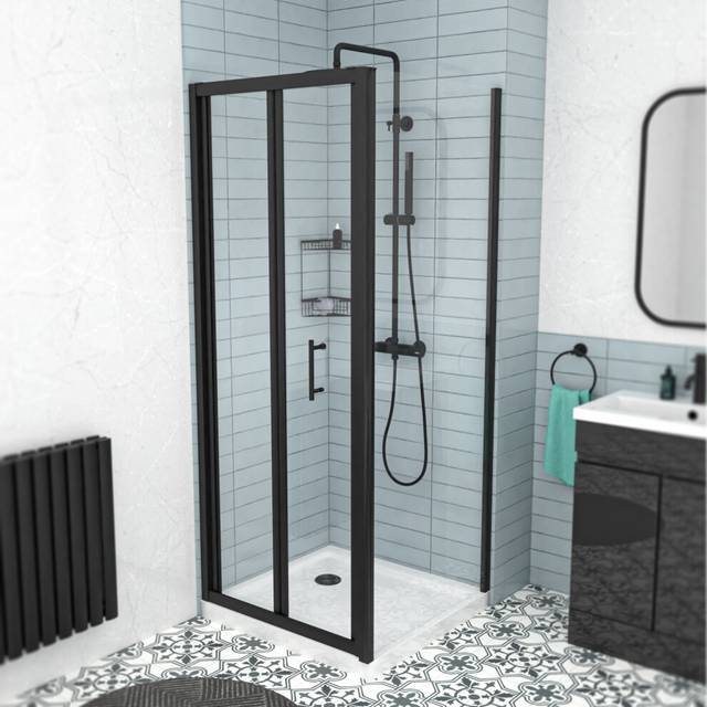 Nes Home Black 760mm Bi-fold Shower Door, 700mm Side Panel Tempered Glass