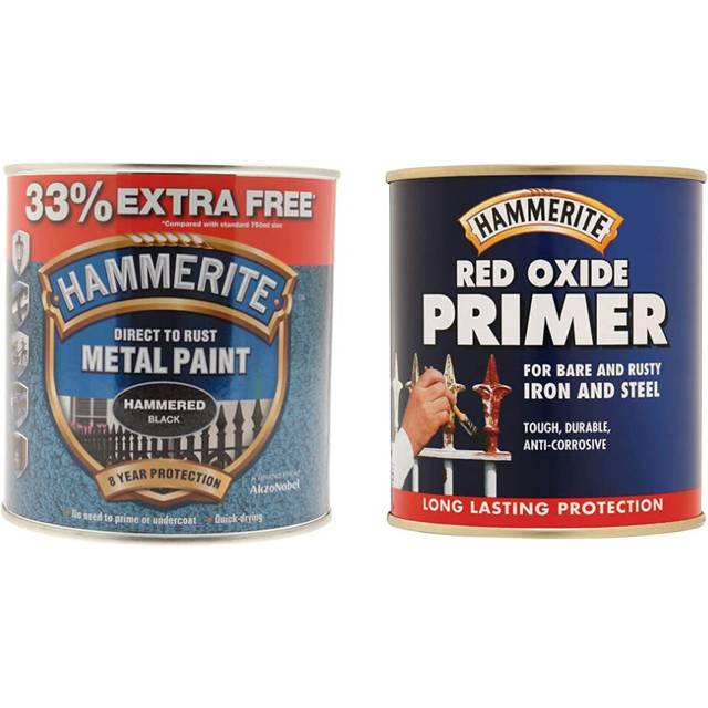 Hammerite 5158237 Metal Paint - Hammered Black, 1 L & 5092844 Red Oxide Primer 500ml