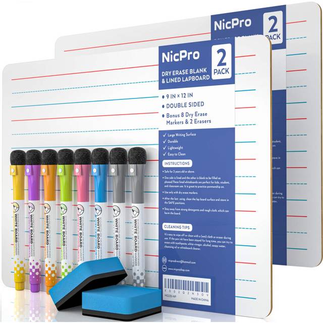 Nicpro 2 Pack Mini Whiteboard A4, 22 x 30 cm Double Sided Blank & Lined Lapboard Bulk with 8 Water-Based Pens Learning Small White Board Portable