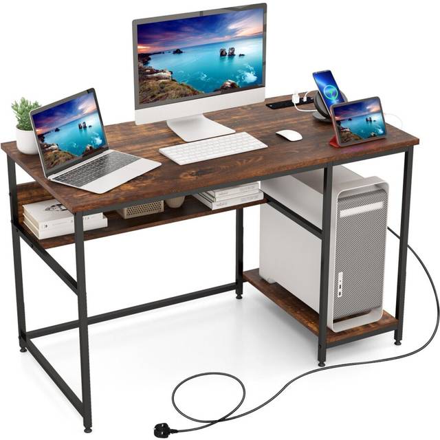120CM Computer Desk w/ Power Outlet & Shelf Home Office Studying Table