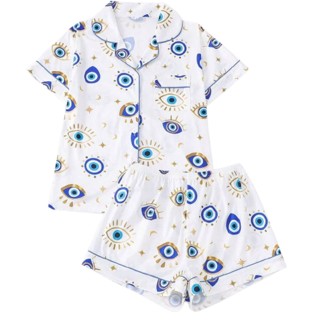 SHEIN 2pcs Spring Eye Print Party Women Pajama Set, Short Sleeve Collared Cardigan Top And Elastic Waist Shorts, Casual All Season Women Sleepwear & Loungew