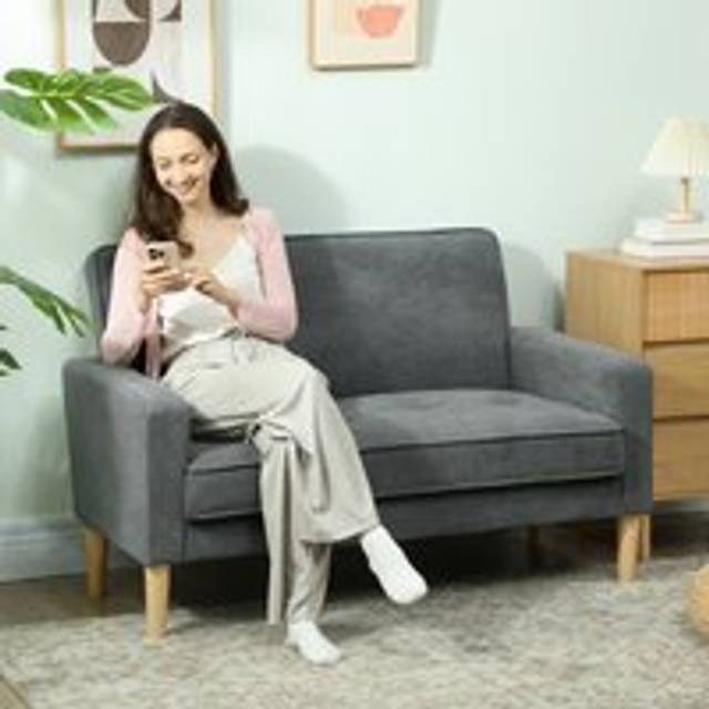 HOMCOM 2 Seater Sofa, Velvet-Feel Upholstered Loveseat for Small Space, Grey, Grey