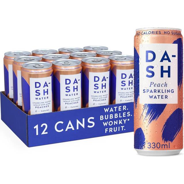 Dash Water Peach 12 x Peach Flavoured Sparkling Spring Water  NO Sugar NO Sweetener NO Calories  Infused with Wonky Fruit 12 x 330ml cans