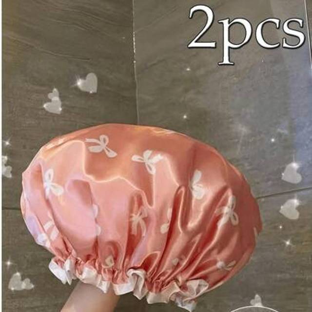 SHEIN 2pcs Waterproof Double-Layer Bow Shower Cap, Elastic Shower Cap, Adult Kitchen Oil-Proof Cap, Bathroom Hair Drying Cap, Elastic And Adjustable, Suitab