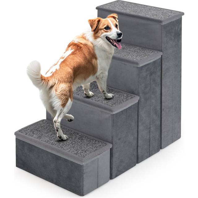 4-Step Dog Stairs Non-slip Foldable Dog Ramp With Adjustable Steps-Grey