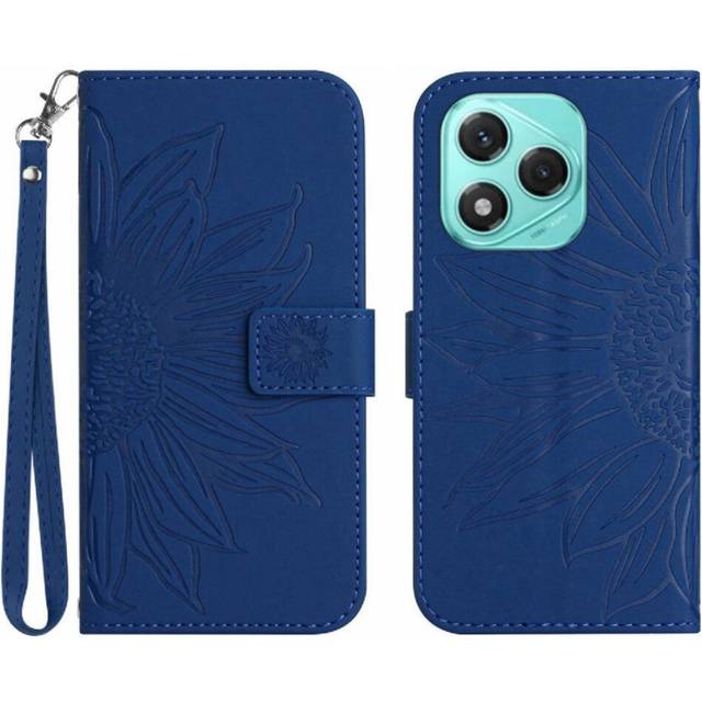 (Dark blue ) Case for Honor 400 Lite Short Strap with Card Slots Holder Embossed Sunflower Flip Wallet Phone Case Luxury Pu Leather
