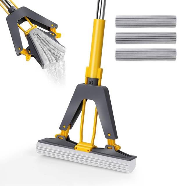 Masthome PVA Sponge Mop, Self Squeeze Mop with 3 Super Absorbent Sponge Heads, Hands-Free Sponge Mop with Stainless Steel Handle for Wet & Dry Use,