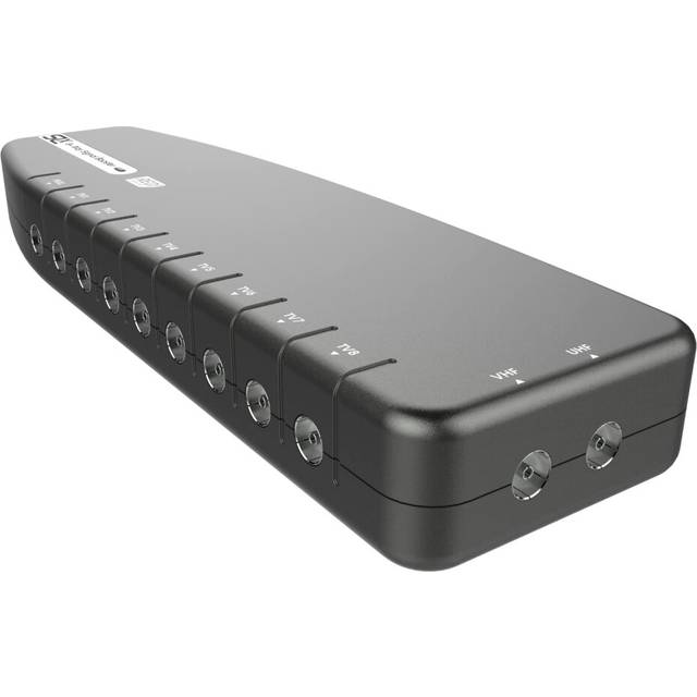 SLx TV Signal Booster Aerial Amplifier, 8 Way Signal Distribution Amplifier with Coax Connections, 4G & 5G Filtering, Indoor TV Aerial, HD & 4K TV/FM