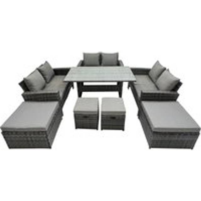 10 Seater Wicker pe Rattan Furniture Outdoor Dining Table Double Seat Sofa 4 Stools Set Dark Grey Mixed - Fimous