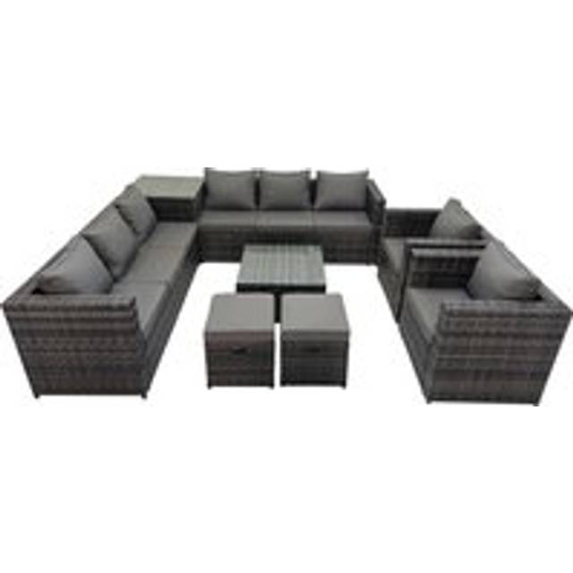 Fimous Garden Rattan Outdoor Furniture Set 10 Seater Patio Corner Sofa Coffee Table with 2 Small Stool Side Table Dark Grey