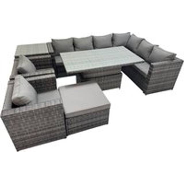 Fimous 9 Seater Rattan Furniture Set with Height Adjustable Rising Table, Corner Sofa, 2 Chairs, Stool & Side Table - Dark Grey Mixed