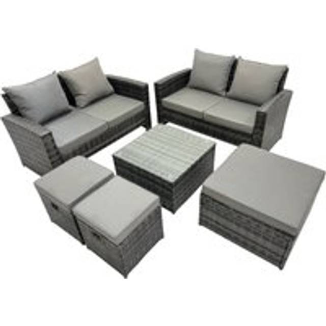 Fimous - pe Rattan Garden Furniture Set Lounge Double Seat Sofa Coffee Table Set with 3 Stools Dark Grey Mixed