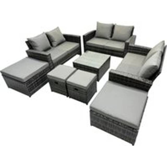 Fimous - pe Rattan Garden Furniture Set Lounge Double Seat Sofa Coffee Table Set with 4 Stools Dark Grey Mixed