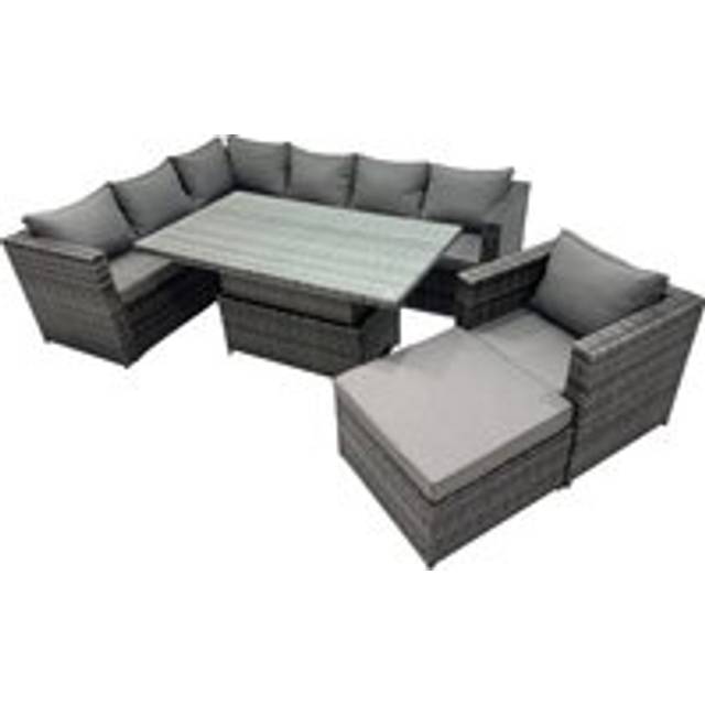 Fimous 8-seater Height Adjustable Rising Lifting Table Corner Sofa Set Rattan Garden Furniture Dining Set with Big Stool Dark Grey Mixed