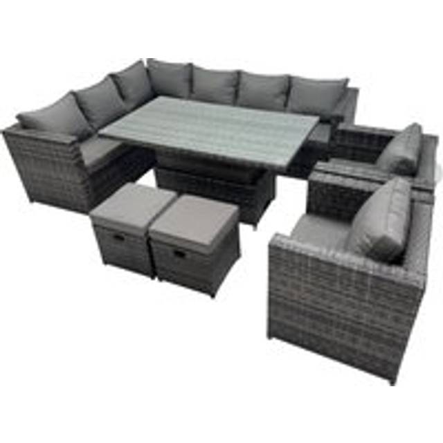 Fimous 10-seater Height Adjustable Rising Lifting Table Corner Sofa Set Rattan Garden Furniture Dining Set with 2 Small Stool Dark Grey Mixed