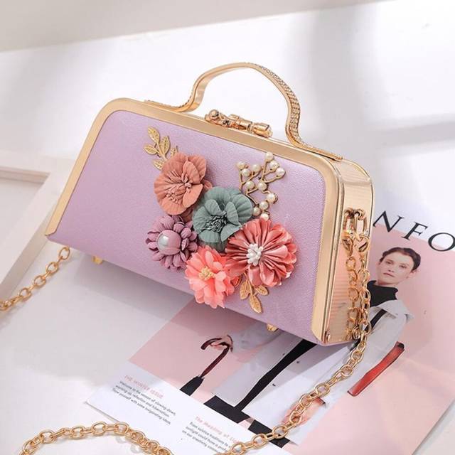 (purple, 24cm*6.5cm*12cm) Scione Clutch Bag Female Three-dimensional Flower Evening Bag