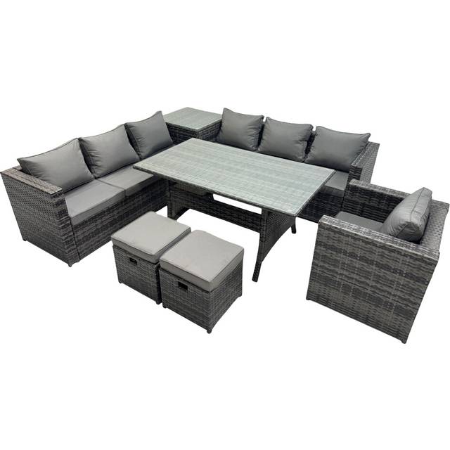 Fimous 9 Seater Outdoor Corner Sofa Chair Dining Table Set Garden Rattan Furniture Set with Side Table 2 Small Stools Dark Grey