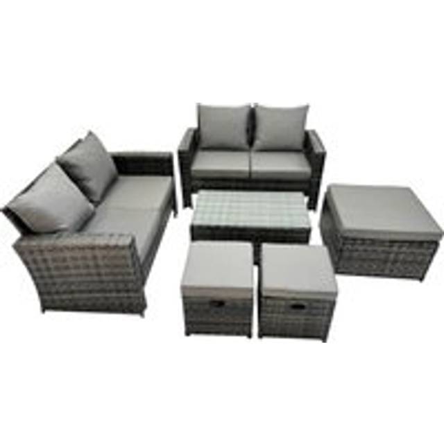 Fimous - pe Rattan Garden Furniture Set Lounge Double Seat Sofa Coffee Table Set with 3 Stools Dark Grey MixedMixed