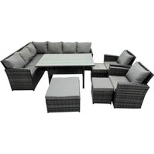 11 Seat Poly Rattan Outdoor Patio Dining Table Corner Sofa Set with 3 Stool 2 Chairs for Garden Backyard Dark Grey Mixed - Fimous