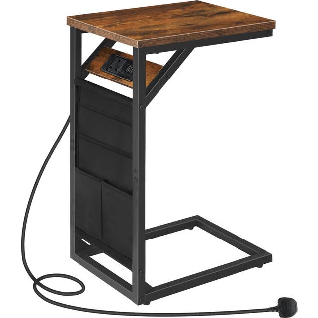 HOOBRO C Shaped Side Table with Charging Station, Sofa Side Table with Storage Bag, Narrow Bedside Table with Power, Laptop Table for Sofa, Small