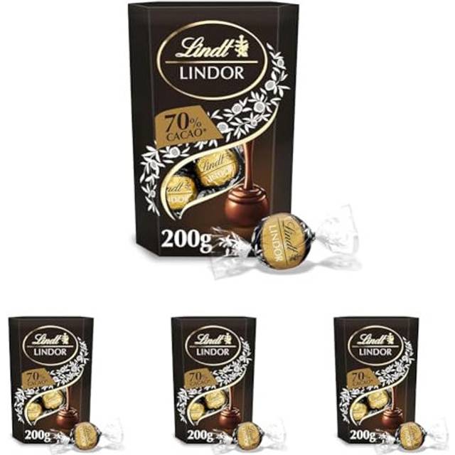 Lindt Lindor 70% Chocolate Truffles Box  Approx 16 balls, 200g Chocolate Truffles w/ a Smooth Melting Filling Gift Present Valentine's Day Pack of 4