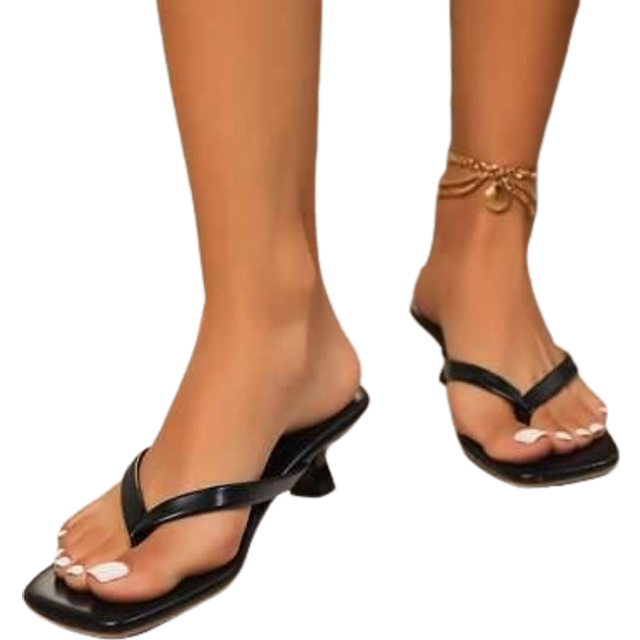 SHEIN Women&#39;s Square Toe Wide Strap Flat Sandals, Slip-On Thong Sandals With Kitten Heels, Versatile