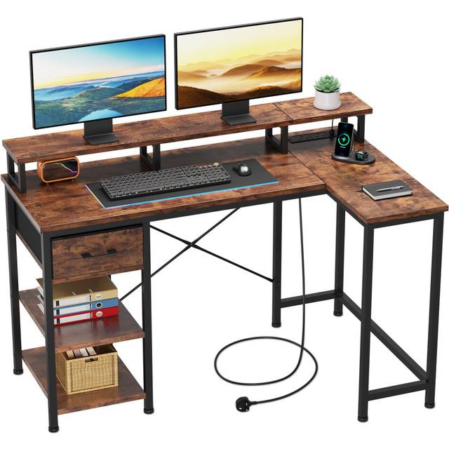 Dripex L Shaped Desk with Power Outlet Corner Computer Desk with Storage Shelves & Fabric Drawer, Study Writing Table Gaming Desk for Home Office