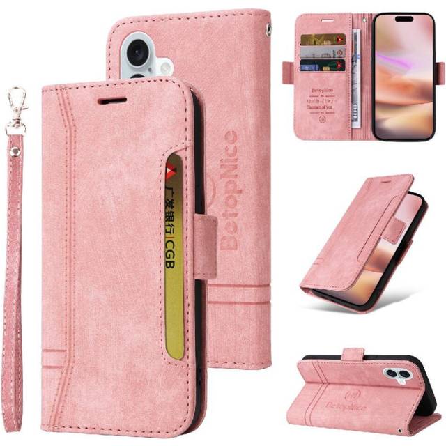 (Pink) Case for iphone 16 Plus Card Slots Tpu Leather Magnetic Wallet Flip Cover