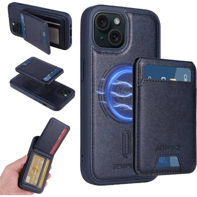 (Blue) Compatible with iphone 13 Pro Max Case Wireless Charging Magnetic Car Mount Crad Slot Wallet