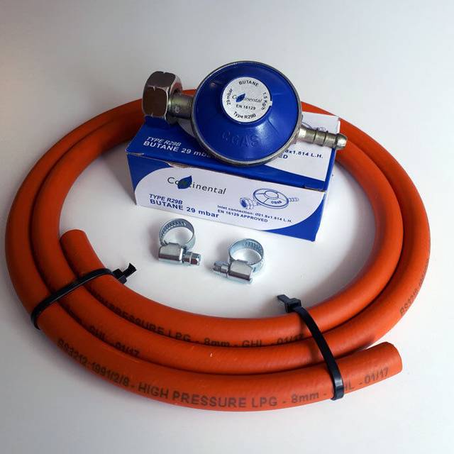 Butane gas regulator + high pressure hose & clips