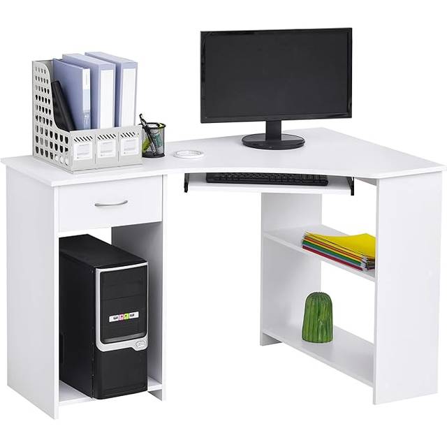 HOMCOM L Shaped Corner Computer Desk With 2 Shelves Wide Worktop Keyboard Tray White, White