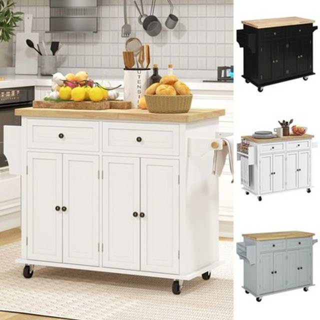 HOMCOM Rolling Kitchen Island Storage Trolley with Rubber Wood Top & Drawers for Dining Room, Cream White
