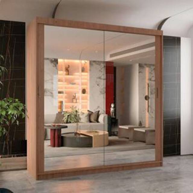 Isabella Sliding Wardrobe with Double Mirrors – 6 Colors & Sizes - Walnut (217&#34; H x 90&#34; W x 62&#34; D)