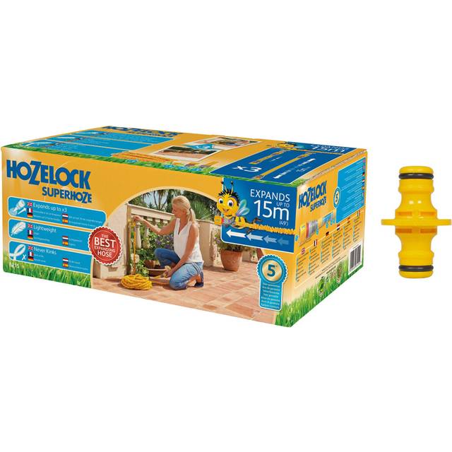 Hozelock 15m Superhoze Hosepipe, Yellow & Grey & Double Male Connector