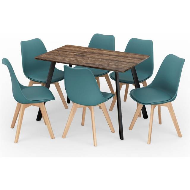 (Rustic Oak, Ocean) Dining Table & 6 Pcs Tulip Chairs Set Modern Wood Metal Bistro Kitchen Furniture