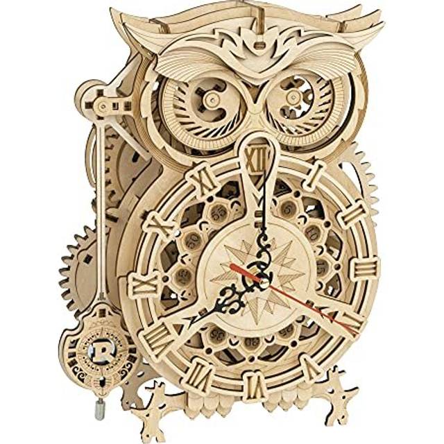 ROBOTIME 3D Wooden Puzzle Owl Alarm Clock Model Kits for Adults to Build Your Own Mechanical Building Kits Pendulum Wood Craft
