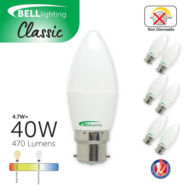 BELL Lighting B22 Candle LED Bulb Warm White 4.7W 470lm Bayonet Cap Light Bulb | Size: Pack of 3