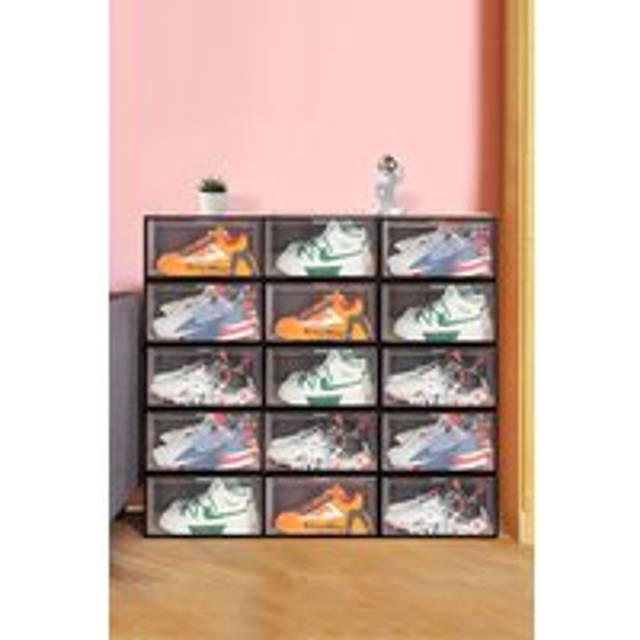 12 Pack Plastic Shoe Storage Boxes Stackable - Black - One Size