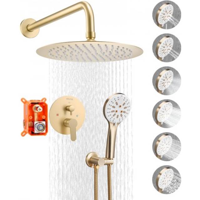 VEVOR Shower Faucet Set, Rainfall Bathroom Shower System with 10-Inch (25.4cm) Round Rain Shower Head and Handheld Spray, Wall Mounted Bath Fixtures with Brass Valve and Trim Kit, Brushed Gold