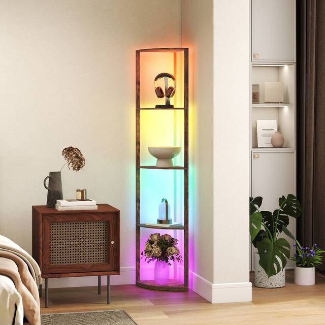 HOMCOM RGB LED Floor Lamp with Shelves and Remote Control for Living Room - Rustic Brown | TJ Hughes