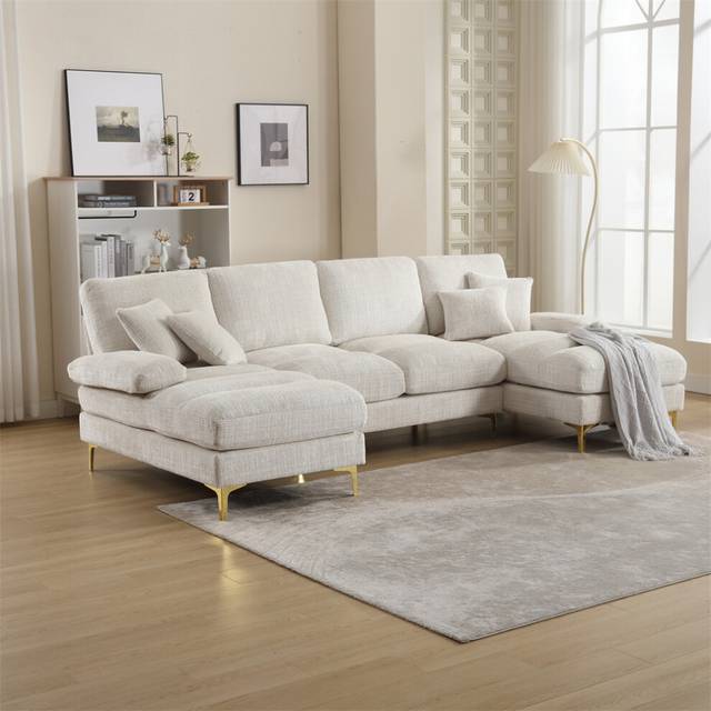 (Beige) U-Shaped Chenille Fabric Lounge with Double Chaise