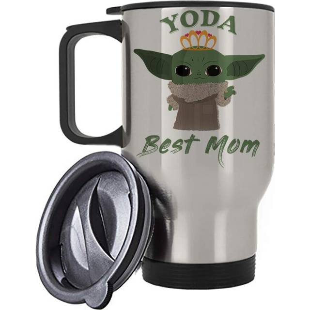 Mothers Day Themed Yoda Best Mom Inspired 14 oz Travel Mug. (Silver)