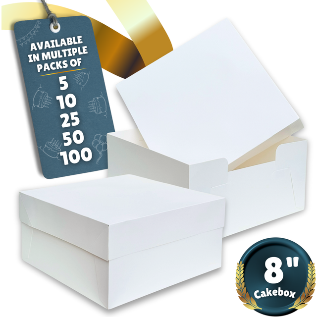PACK N TRADE White 8 Inch Cake Box, Pack of 5 Square Cardboard Cake Boxes with Lids (8 x 8 x 5 Inches), Ideal for Safely Carrying and Transporting