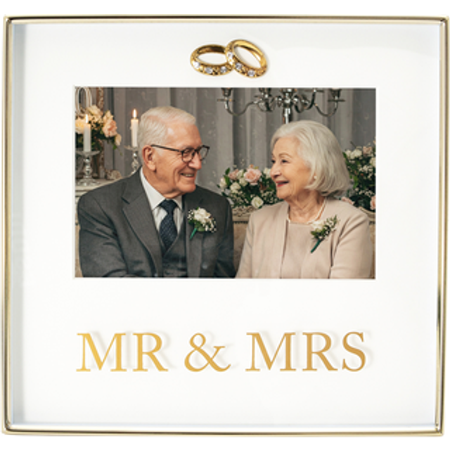 Happy Homewares Shiny Gold Mr & Mrs Square Frame With Diamante Rings - One Size