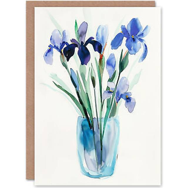 Greeting Card Blue Iris Flower Bouquet Vase Floral Watercolour Birthday